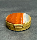 19c  Victorian Banded Carnelian Agate Oval Pill Snuff Box Miniature Gild Brass