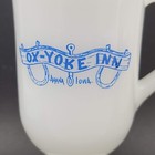 Ox Yoke Inn Amana Iowa Vintage Coffee Mug Milk Glass Blue Lettering