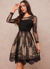 Women s Elegant Black Floral Lace Mesh Sheer Overlay Knee-length Dress  Party