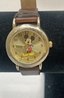 Vintage Disney Mickey Mouse Gold Tone Watch Mck614 Brown Faux Leather Strap