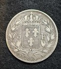 1820-a France 5 Francs  90 Silver Coin  Louis Xviii 