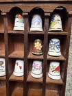 9 Vintage Thimbles And Miniature Wooden Thimble Display Hutch