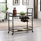 Industrial Metal Bar Cart Rolling Drink Storage Wooden Shelves Wine Glass Rack