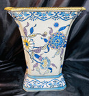 Xl Vintage   Vibrant Hand Painted Chinese Porcelain Vase W  Brass Ormolu Rim 12   