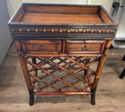 1970 s Rattan Faux Bamboo Drinks Table W  Removable Serving Tray   2 Draws