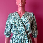 Vintage 80s S Secretary Dress Midi Teal White Zig Zag Print Satin V-neck Blouson