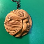 Hand Carved Wooden Woman Pendant Necklace 12    Chain Spring Ring Vintage Japanese
