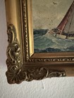 Antique Dramatic Seascape Oil Painting Sailing Ships In Stormy Waves C1900