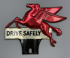 Vintage Mobil Oil   Gas Drive Safely Pegasus License Plate Topper Tin Sign