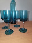 Vintage Aqua Teal Blue 5 Pc Liqueur Decanter Set Hand Blown Glass