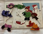 Vintage Used Wood Puzzle Judy Instructo 1995 Snow Day Pants Hat Mittens Snowman