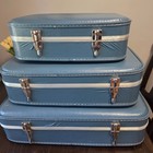 Vintage 3 Pc Blue Luggage Suitcase Train Case Set Mid Century Nesting No Key