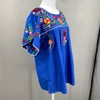 Vintage Handmade Mexican Peasant Blouse Women Blue Floral Embroidered Boho Top M