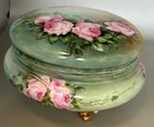 Antique Hand Painted Powder Jar With Pink Roses - Artist Signed