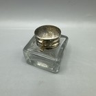 Vintage Clear Glass Inkwell Silver Metal Hinged Lid Square 1 5  Mid Century
