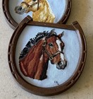Vintage Finished Needlepoint Bay Horse Portrait Art In Horseshoe Frame
