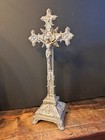 Big Antique Art Nouveau  Ornamental  Metal Altar Standing Crucifix Jesus Corpus