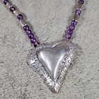 Vintage 925 Hammered Heart Pendant Amethyst Beaded Necklace 65g 23  