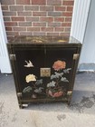 Vintage Chinese Black Lacquer Soapstone Cabinet Chinoiserie Chest Side Table