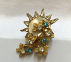 Vintage Floral Aurora Borealis Rhinestones With Mother Of Pearl Brooch