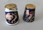 3 Cloisonne Thimble Panda Bear   Bird Enamel   Gold Sewing Collectible Vintage