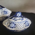 Two Gzhel Vintage Porcelain Lidded Hand Painted Bowl Blue And White With Flowers