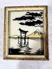 Antique Asian Reverse Glass Painting Mt Fuji Torii Gate Gold Japan Art In Frame
