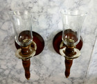 Vintage Lot Of 2 Brass Wooden Wall Mounted Sconce With Glass Candle Holders