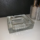 Vtg Art Deco Style Heavy Clear Cut Glass Checkered Cube Ashtray Trinket Dish Mcm
