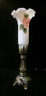 Nwot Linhua Accent Lamp W hand Painted Milk Glass Tulip Shade  Bronze Base