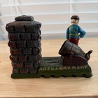 Vintage Cast Iron Artillery Bank Mechanical Soldier Cannon Coin Bank Americana