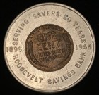 1945 Encased Lincoln Cent Roosevelt Savings Bank 50 Years Good Luck Penny