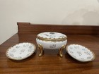 Vintage 3 Piece Dresser Set 1 Footed Trinket Jewelry Box   2 Ring Dishes  Read