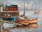 Fishing Boats  Wood Dock Thick Paint Vintage Original Oil Painting -signed