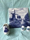 Vintage Delft Set Of 4 Handpainted Windmill Shoe Ashtray 1 Tile 2 Thimbles
