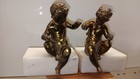 Vintage Pair Brass Baby Figure Bookends On Marble Pedestal  Heavy paperweight  