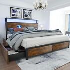 Full Queen King Size Metal Platform Bed Frame W  Led Lights 4 Drawers headboard
