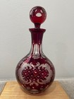Vintage Possibly Antique Bohemian Cranberry Glass Decanter W  Etched Decoration