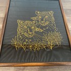 Lg Vintage Crewel Needlepoint Leopard Jungle Black Gold Embroidered Maximalist