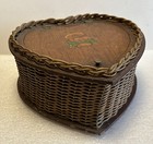 50   s Vintage Heart Shaped Wicker   Wood  Sewing Basket Vgc Guitarist In Sombrero