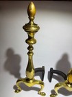 Vintage Brass   Cast Iron Federal Style Fireplace Andirons Pair Flame Finials