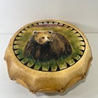 Vtg Handmade Native American Drum Hand Painted Grizzly Bear Rawhide Wood Cabin