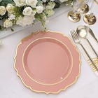 10 Dusty Rose 10 5  Round Plastic Dinner Plates Gold Scalloped Rim Events