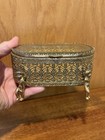 Vtg 1960s Filigree Ormolu Brass   Bevelled Glass Jewelry Casket  Cherub Feet Box