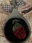 Primitive  handmade wool Rug Hooking homespun Strawberry  on Grungy Paddle spoon