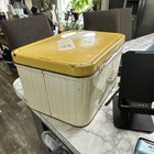 Vintage Metal Floral Lidded Rectangular Storage Tin Box Yellow White Green