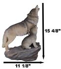 Large Full Moon Howling Spirit Wolf Alpha With Puppy On Rock Ledge Statue 15 5 h