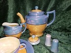 Vintage Japan Hand Painted Blue   Peach Lusterware Partial Tea Set Flaws