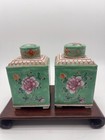 A Pair Of Green-ground Famille Rose Square Floral Tea Caddies