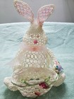 Vintage Crochet Lace Starched Easter Bunny Holding Basket W  Flowers Handmade   